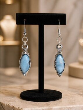 Larimar Dainty Earrings Encased In Boho Artisan Silver Bezels With 925 Hooks